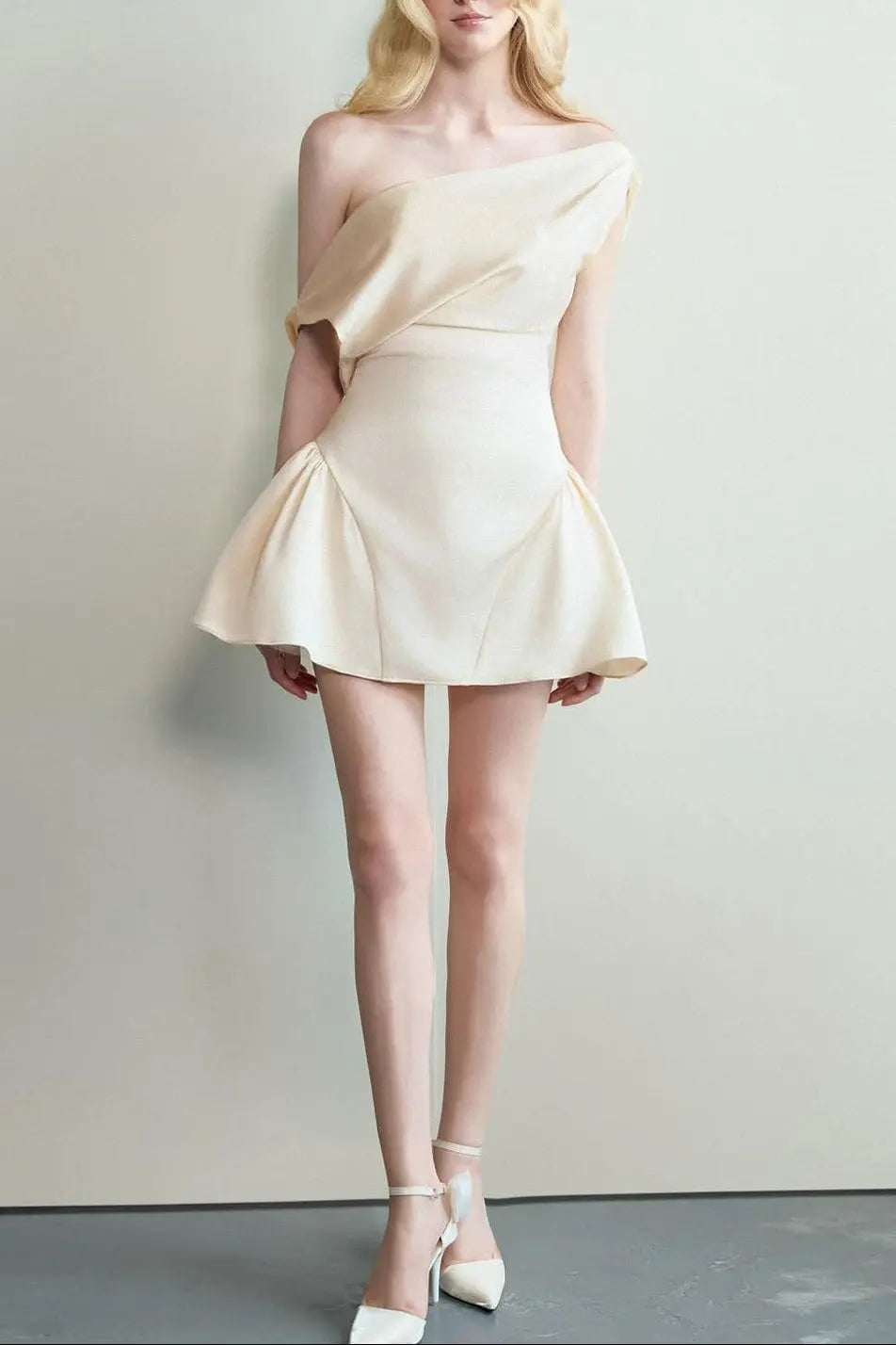 Satin Ruched Mini Dress in Cream White