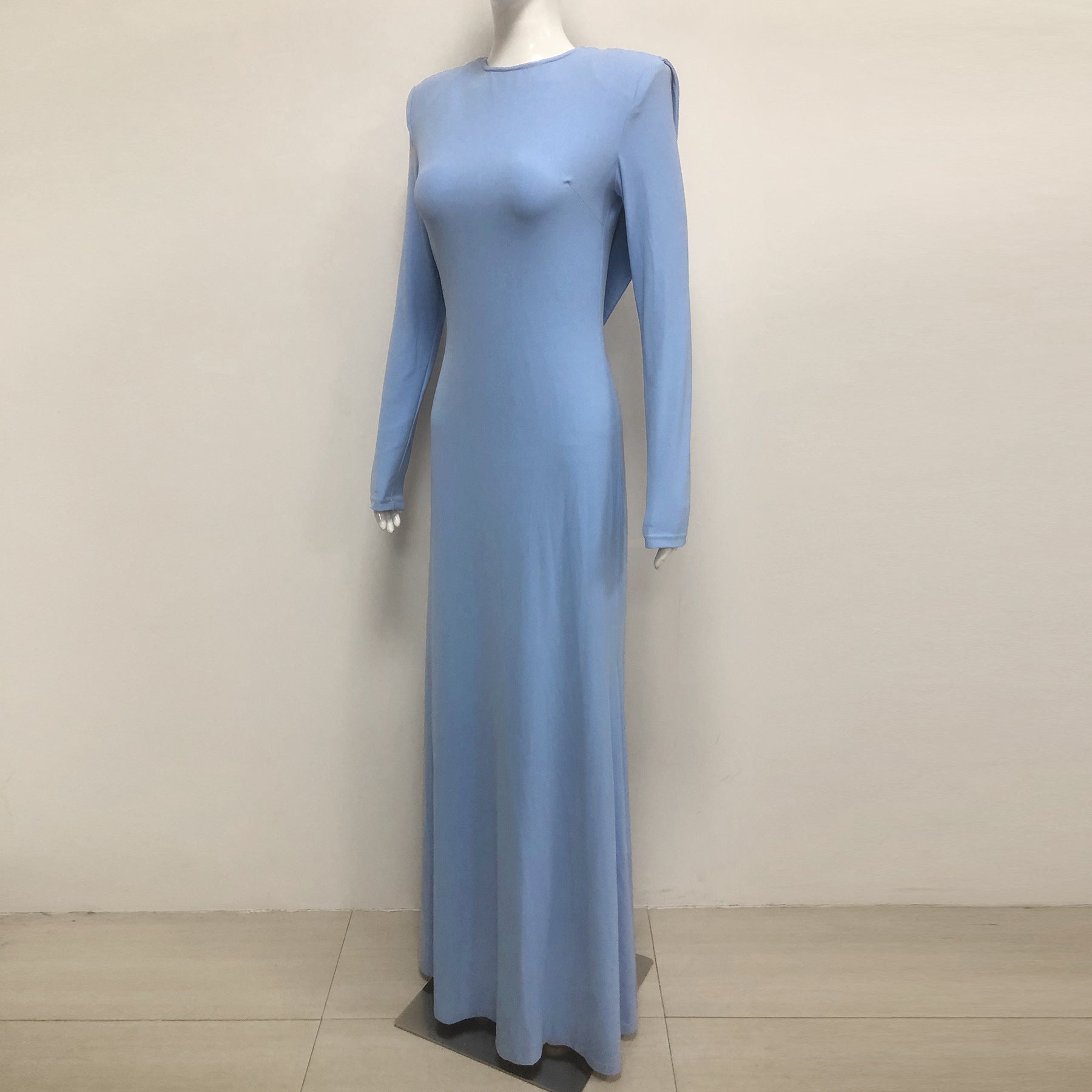 Knitted Long Sleeves Backless Bodycon Maxi Dress in Blue