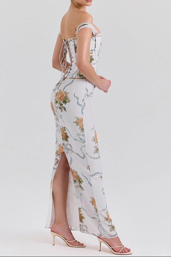 White Floral Print Fitted Corset Maxi Dress