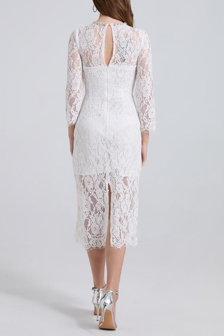 Rhinestone Fishbone Lace Midi Dress in White