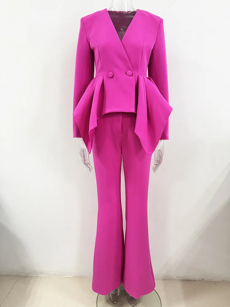 Ruffled Blazer Two Piece Set - Pink