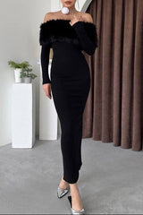 Furry Embellished Bodycon Midi Dress in Black
