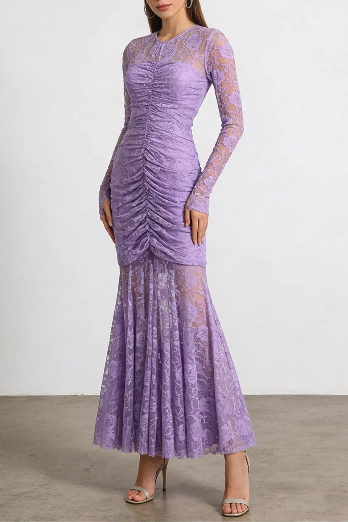 Lace Hollow Ruched Bodycon Long Sleeve Maxi Dress in Purple