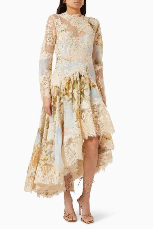 Long Sleeves Floral Printed Lace Maxi Dress