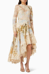 Long Sleeves Floral Printed Lace Maxi Dress