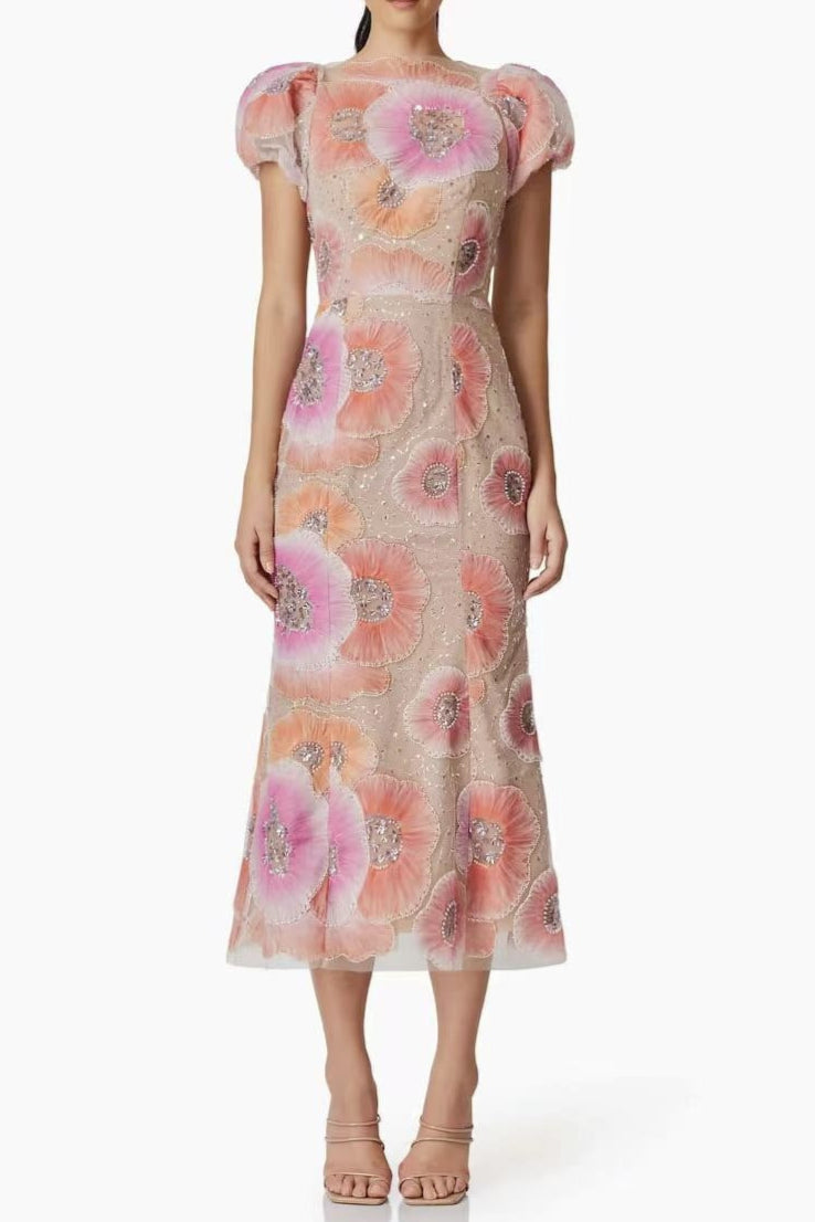 Puff Sleeve Floral Midi Dress in Pink