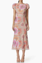 Puff Sleeve Floral Midi Dress in Pink