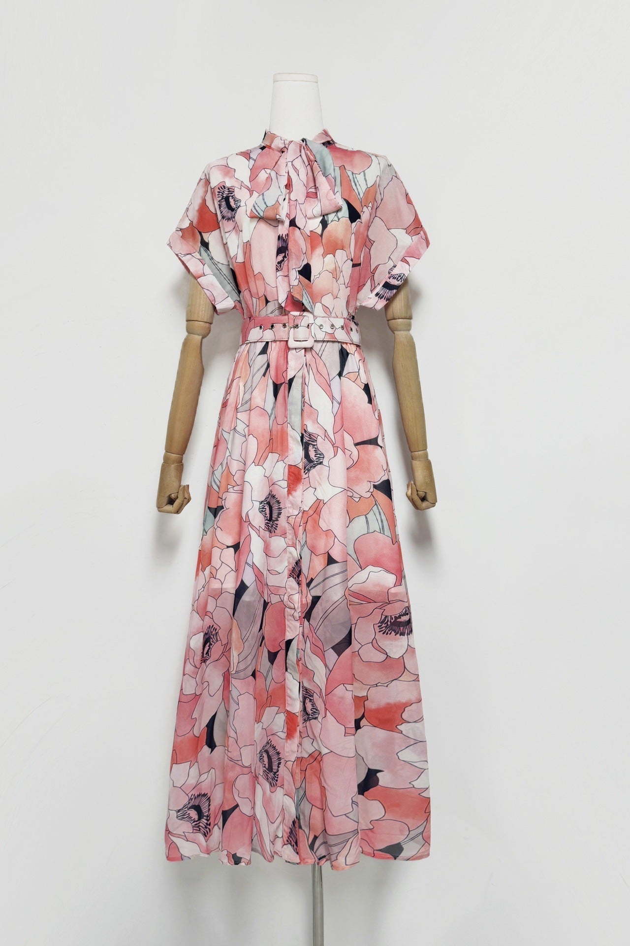 Floral Print Silk Organza Maxi Dress in Pink-Multi