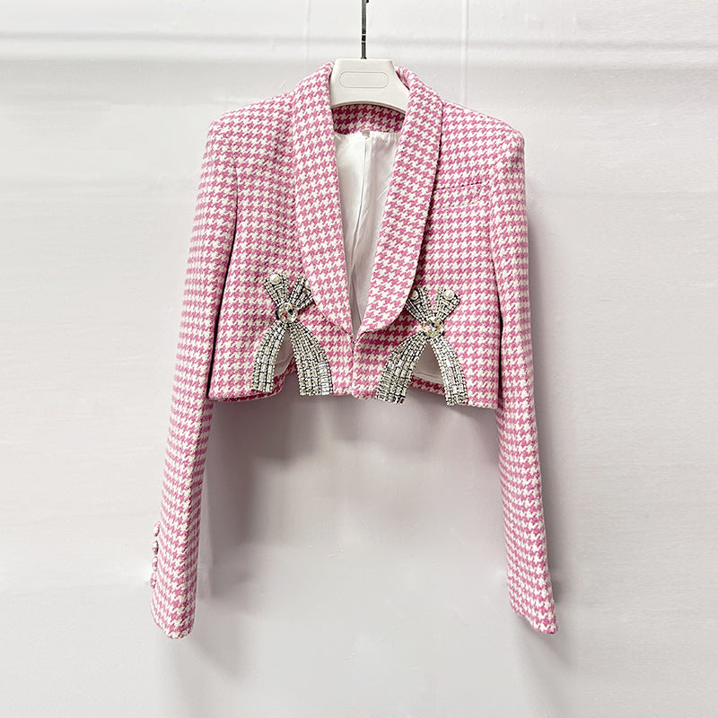 Embellished Checked Wool-Blend Blazer Set in Pink