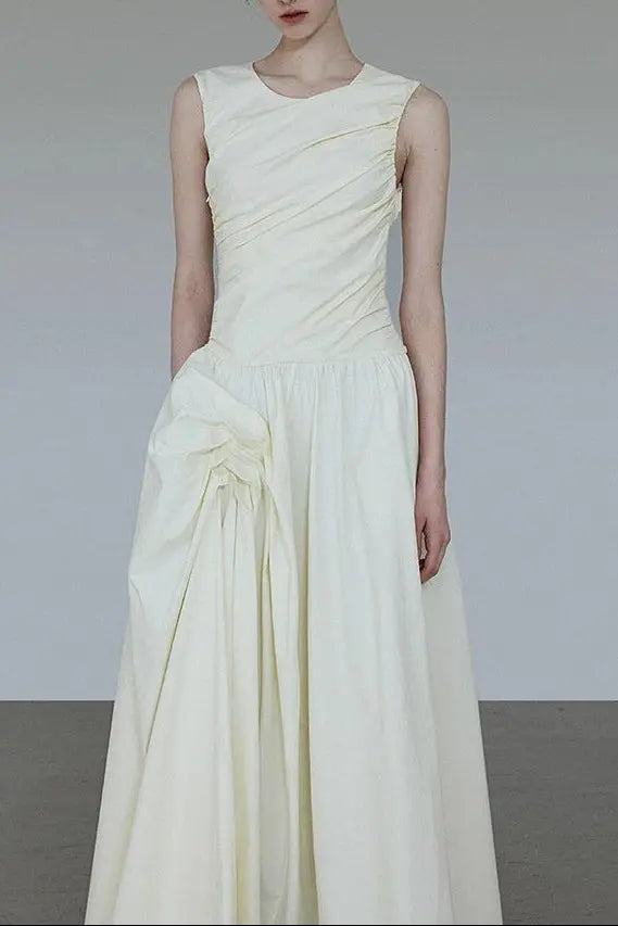Ruched A-Line Sleeveless Midi Dress in Apricot