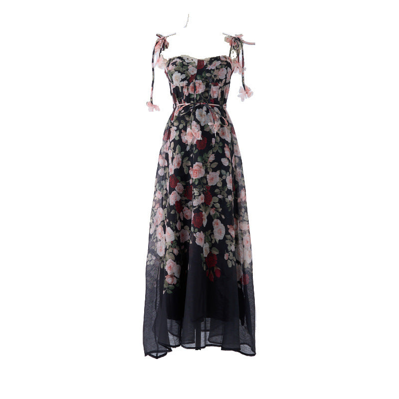 Floral Print Strap Midi Dress with 3D Flower Appliques