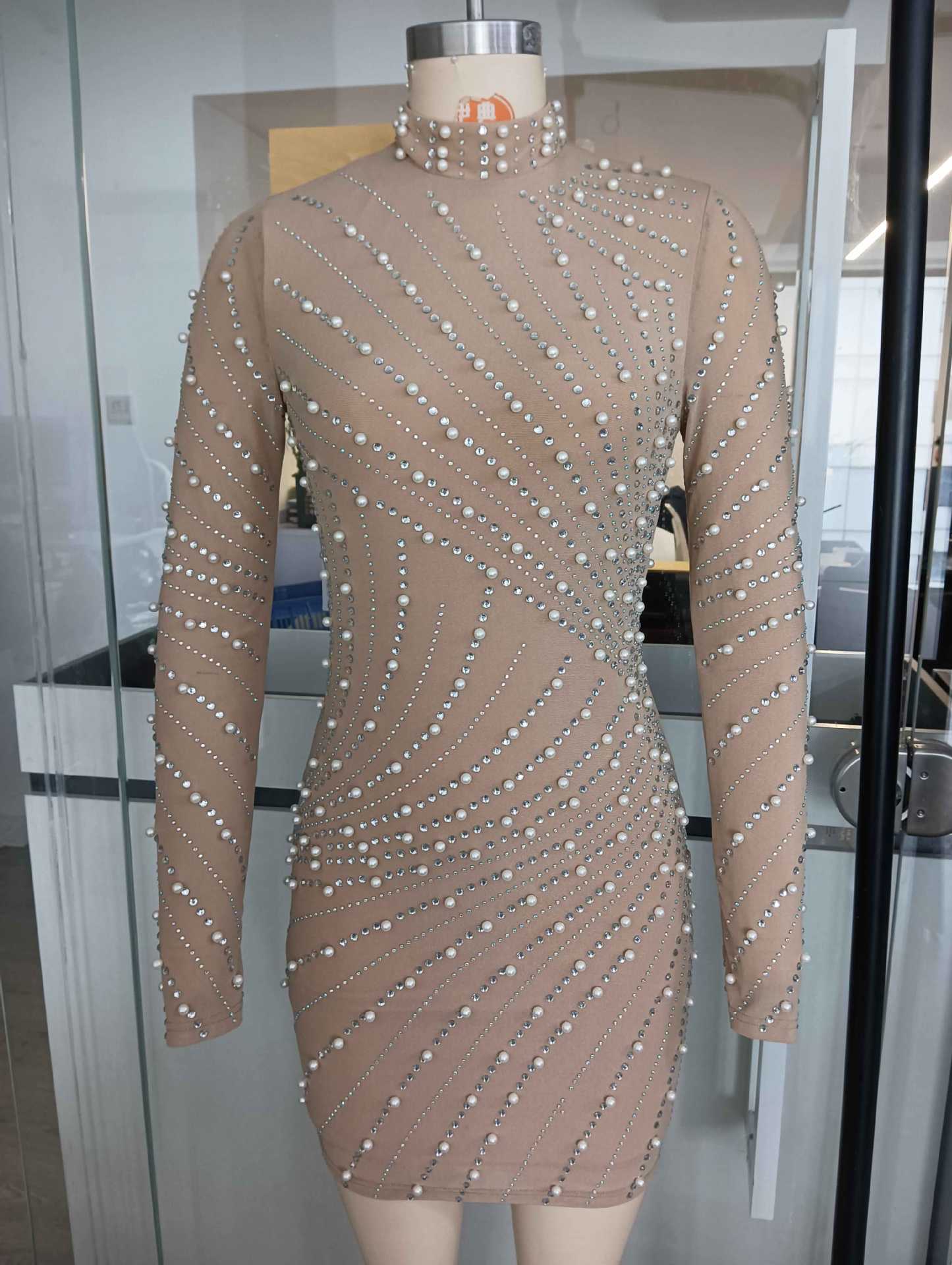 Rhinestone Mesh Hip-Wrap Mini Dress