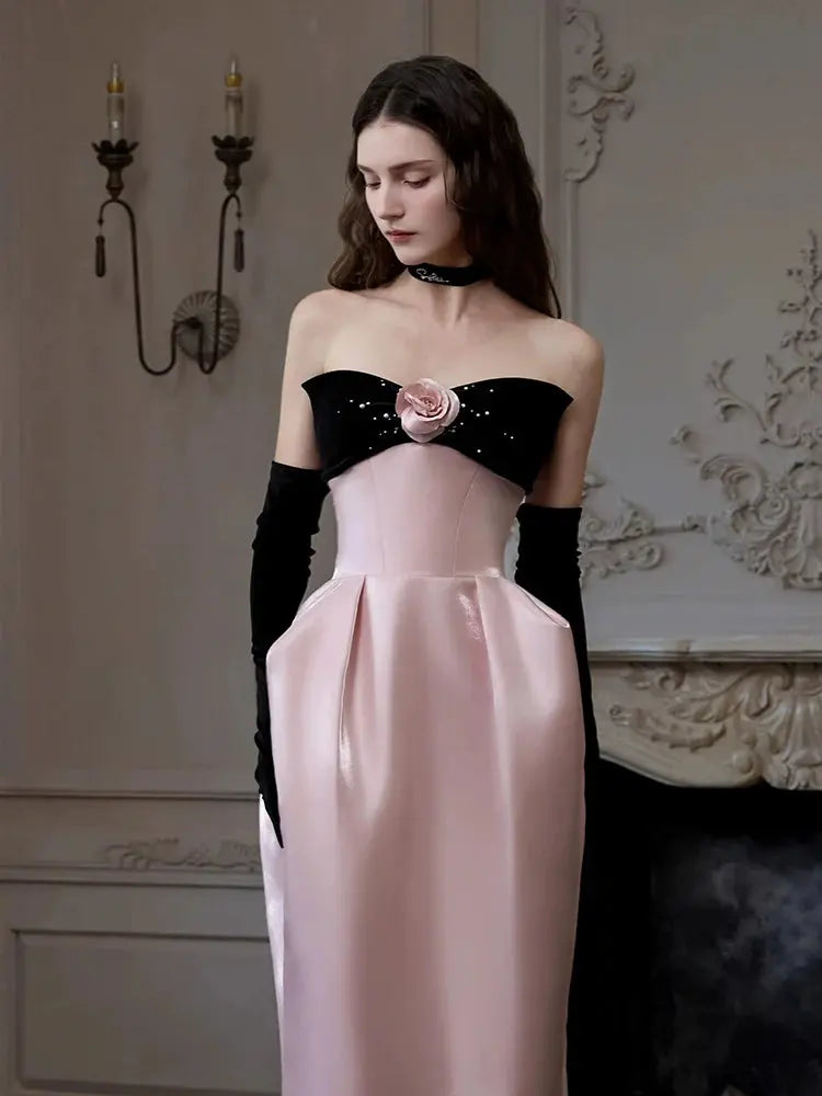 Satin Pink Flower Maxi Prom Dress