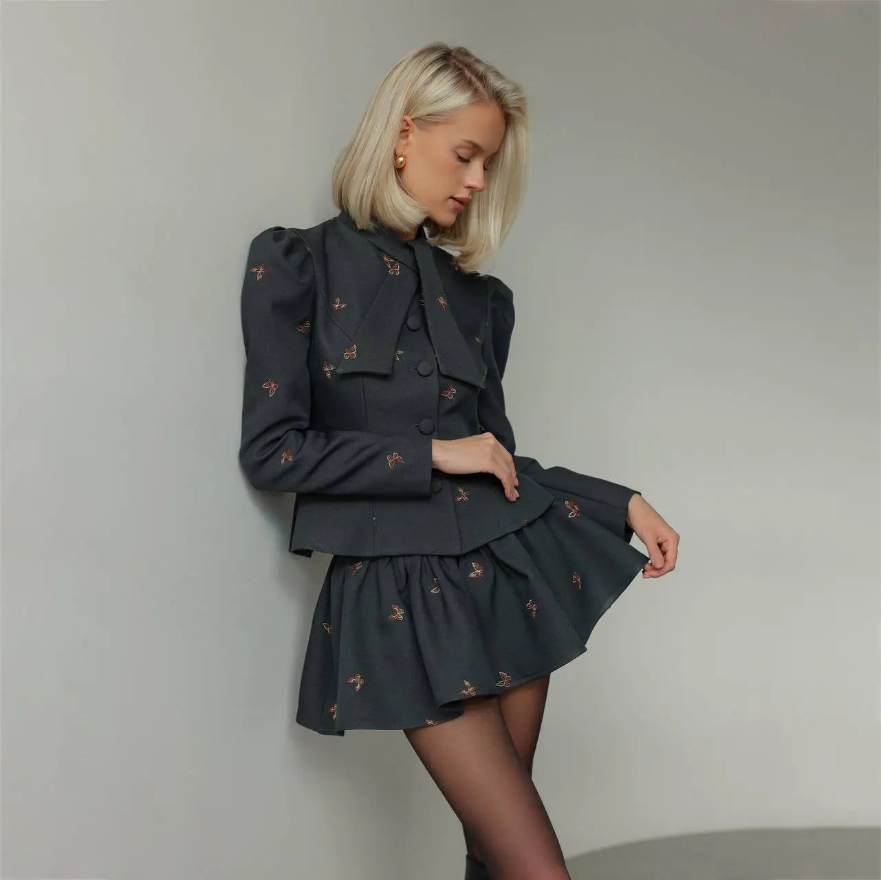 Dark Grey Embroidered Blazer Mini Skirt Set