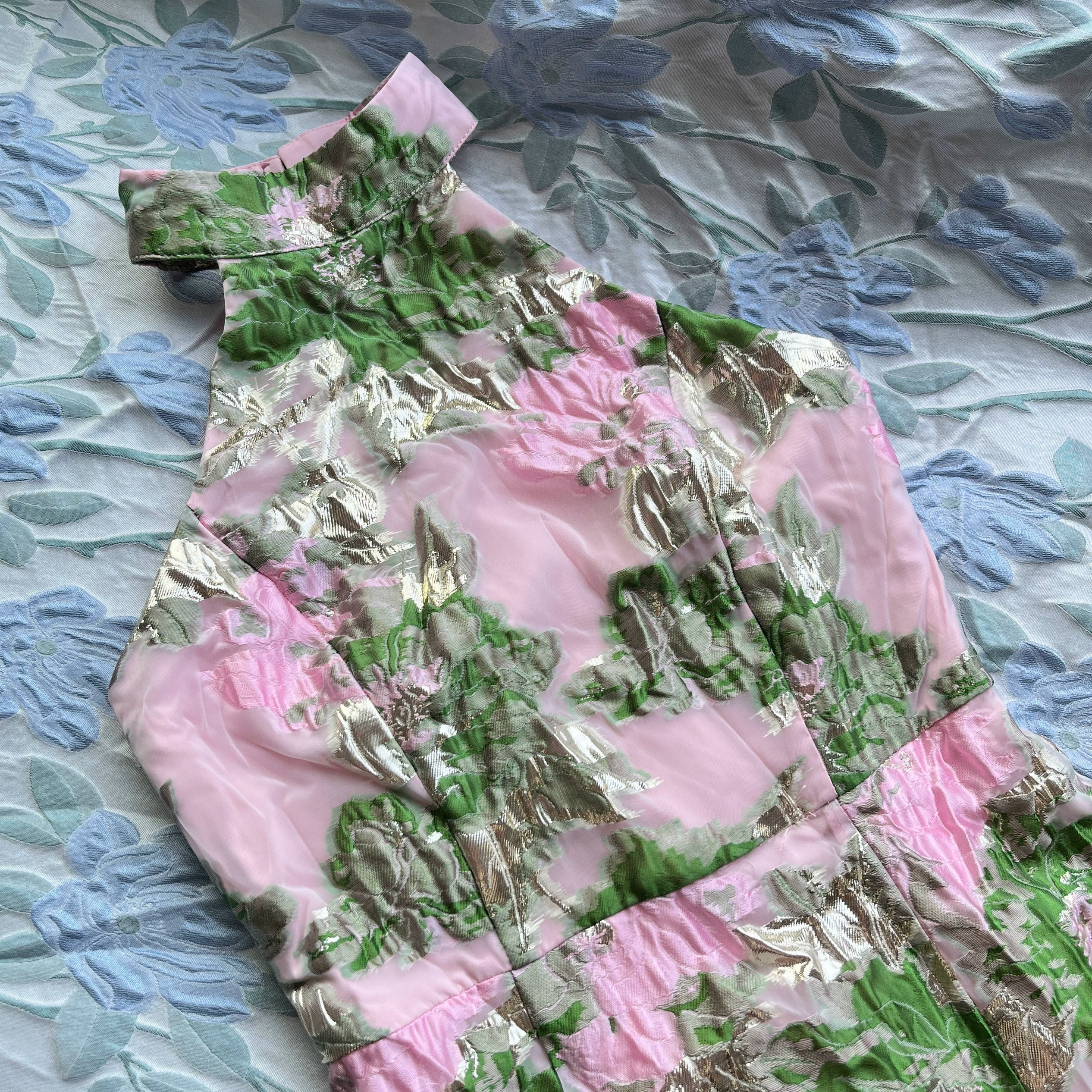 Pink Green Floral Open Back Mini Dress
