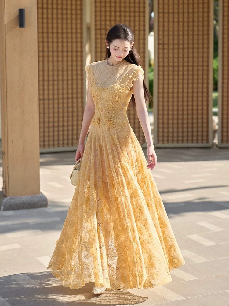 Lace Flower Embellished Maxi Dress in Yellow