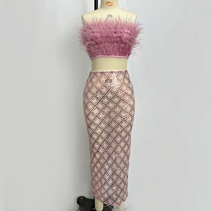 Pink Feather Top Sequin Midi Skirt Set