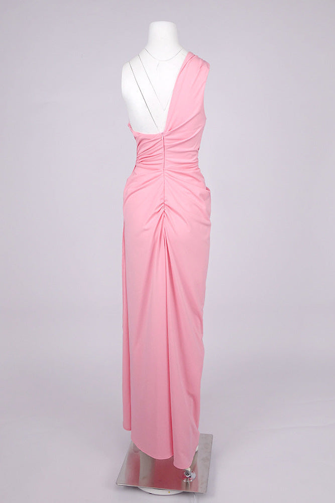 One-Shoulder Slant Neck Maxi Dress in pink