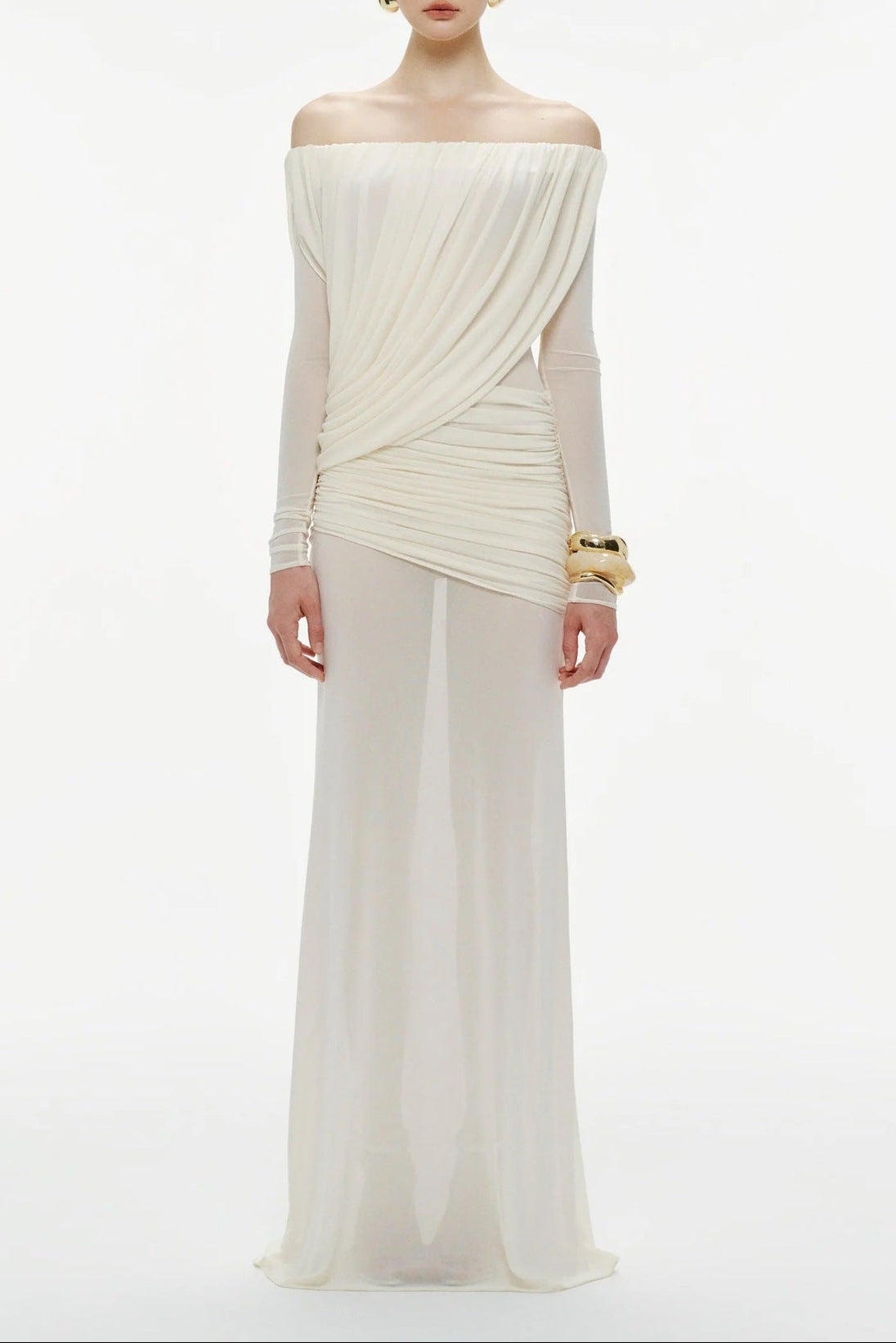 Cara Off-Shoulder Long Sleeve Mesh Maxi Dress in White