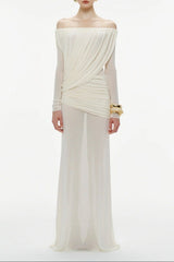Cara Off-Shoulder Long Sleeve Mesh Maxi Dress in White