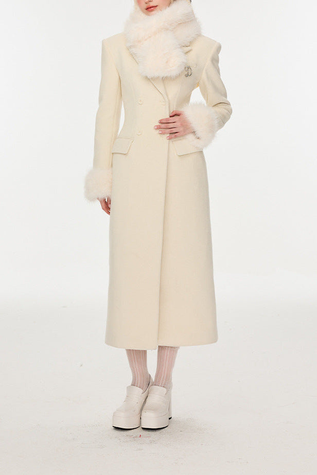 Slim Faux Fur Mid-Length Woolen Coat