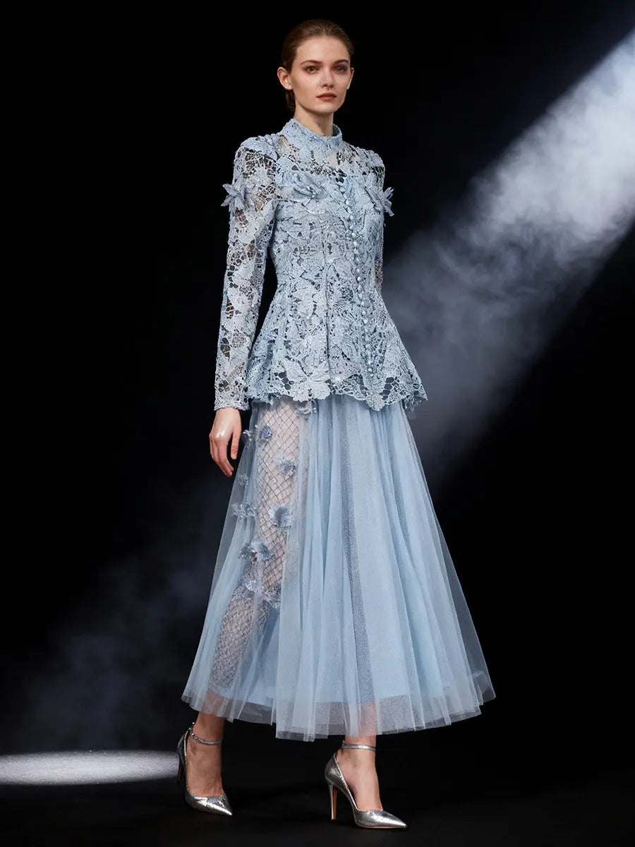 Blue Long Sleeve Folds Lace Top And Skirt Two-Piece Set