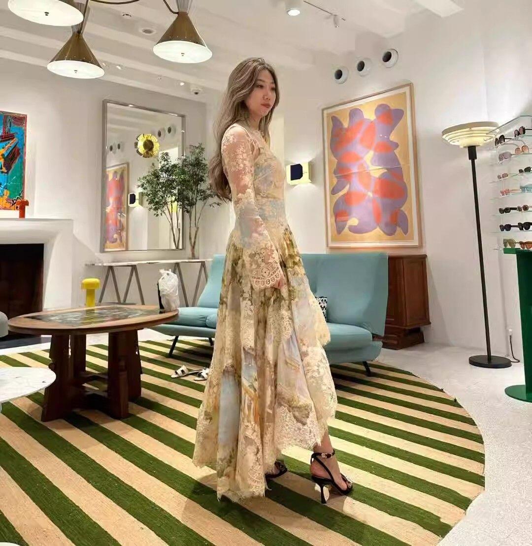 Long Sleeves Floral Printed Lace Maxi Dress
