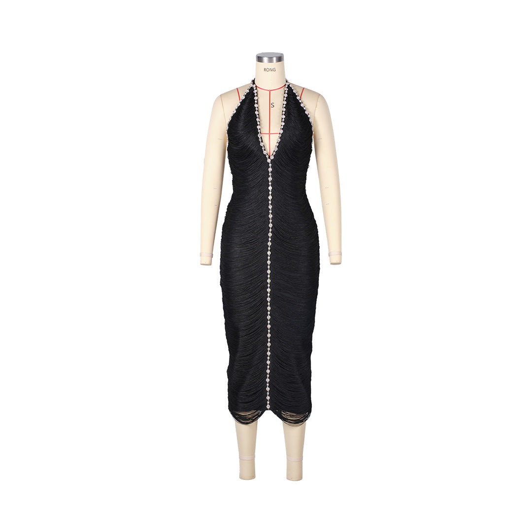 Halter Rhinestone Bandage Midi Dress in Black