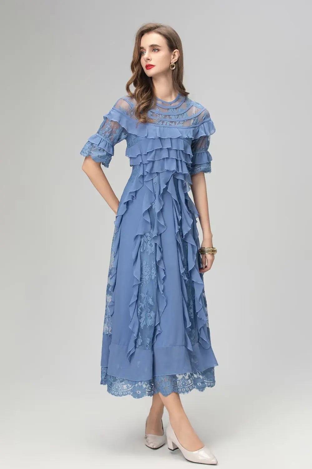 Lace Ruffle Trim Midi Dress in Blue