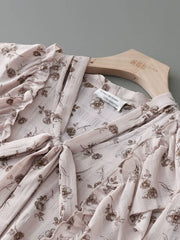 V-Neck Self-Tie Ruffle Floral Print Puff Long Sleeve Blouse
