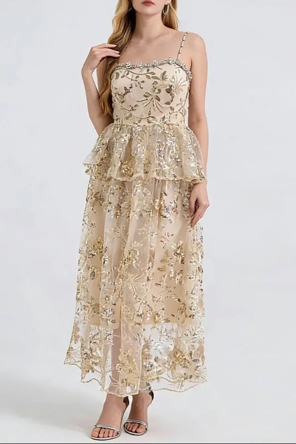 Gold Rhinestone Sequin Embroidery Maxi Dress