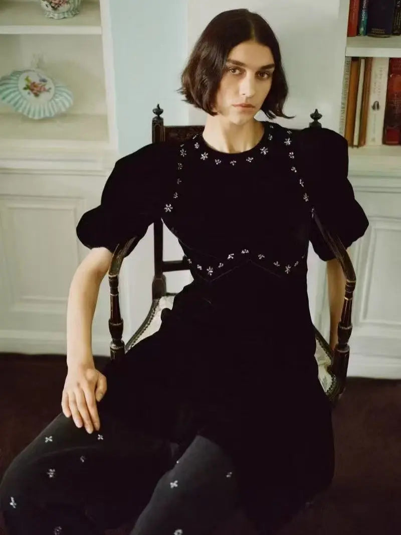 Black Rhinestone Embellished Puff Sleeve Maxi Dress