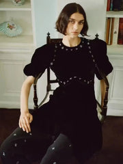 Black Rhinestone Embellished Puff Sleeve Maxi Dress
