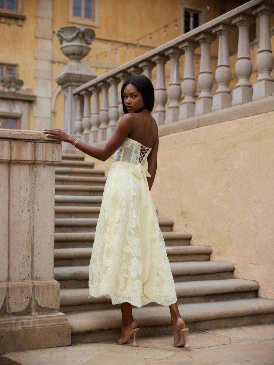 Yellow European American Style Sexy Backless Tie-Wrap Dress