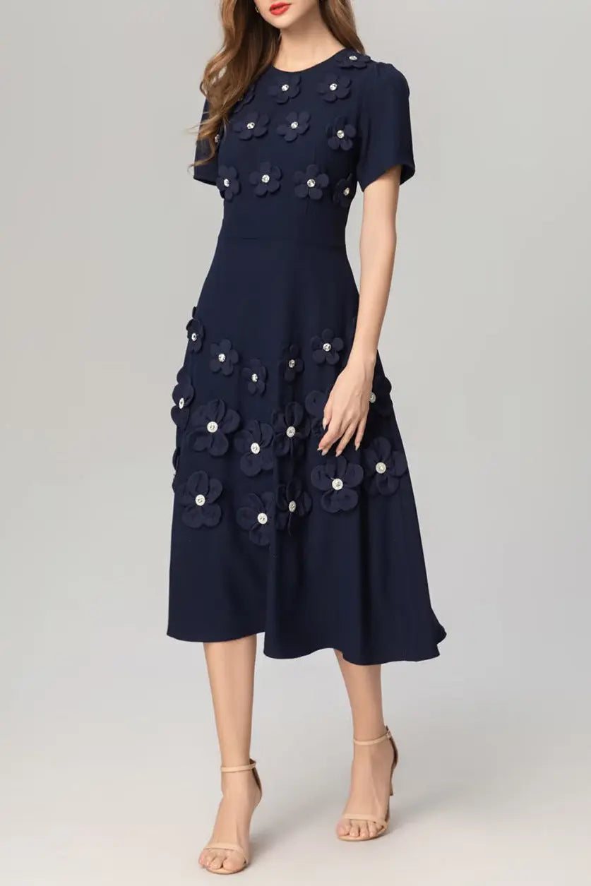 3D Flower Midi Dress in Navy Blue