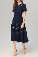 3D Flower Midi Dress in Navy Blue
