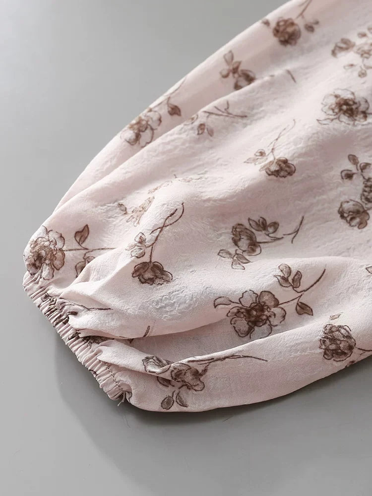 V-Neck Self-Tie Ruffle Floral Print Puff Long Sleeve Blouse