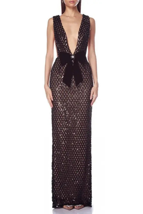 Sequin Embellished V Neck Maxi Dress in Black