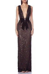 Sequin Embellished V Neck Maxi Dress in Black