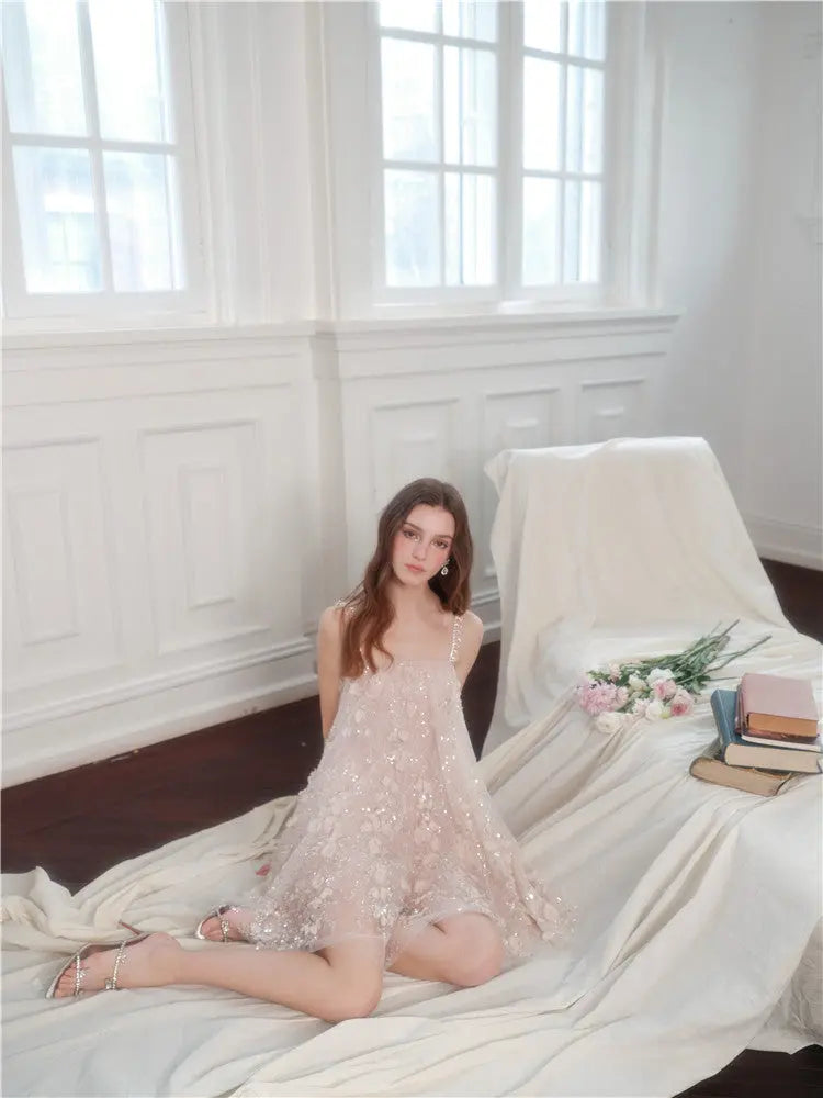 Pink Flower Embroidered Sequin Doll Party Dress
