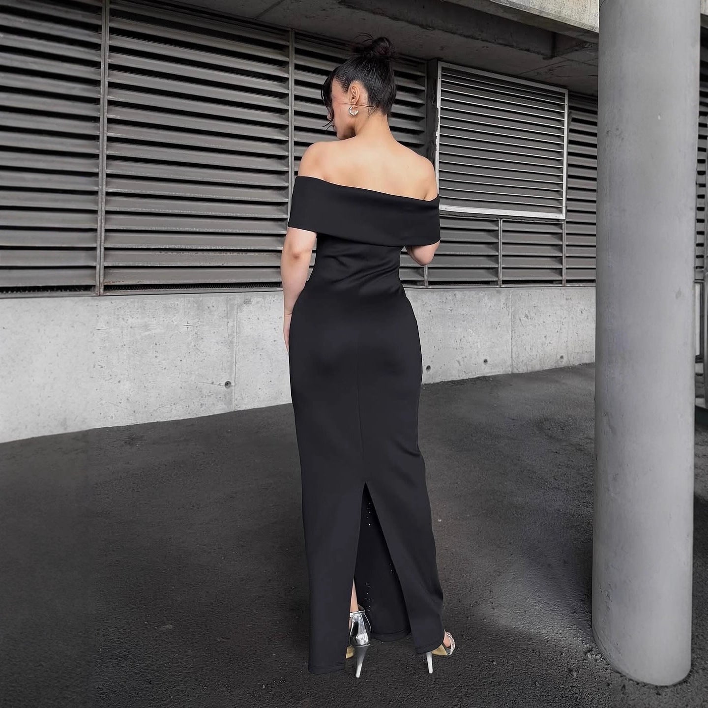 Off-Shoulder Rhinestone Bandage Maxi Dress in Black