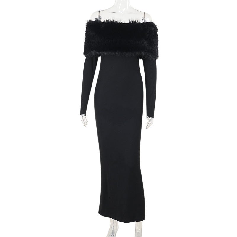 Furry Embellished Bodycon Midi Dress in Black