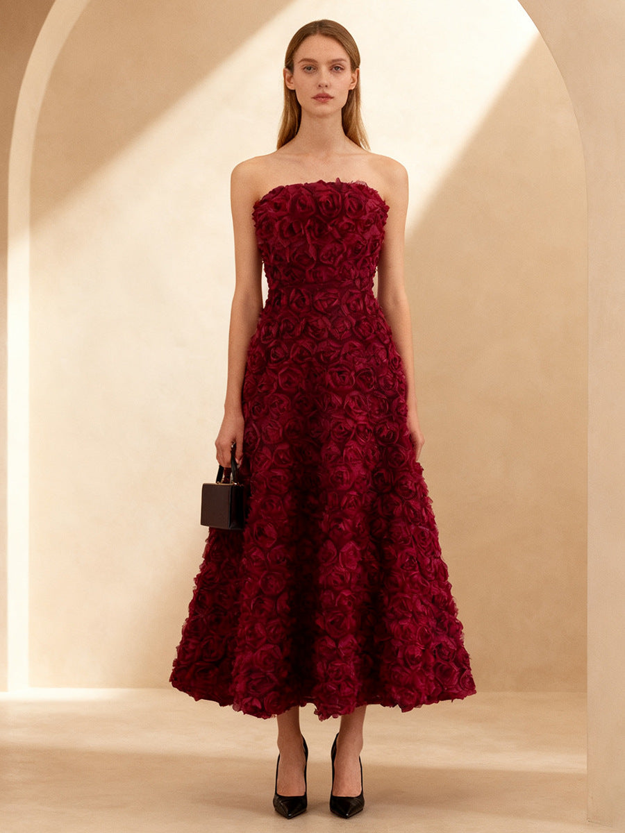 3D Rose Mesh Maxi Dress in Wine Red