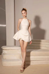 Backless Halter Mini Dress in Beige