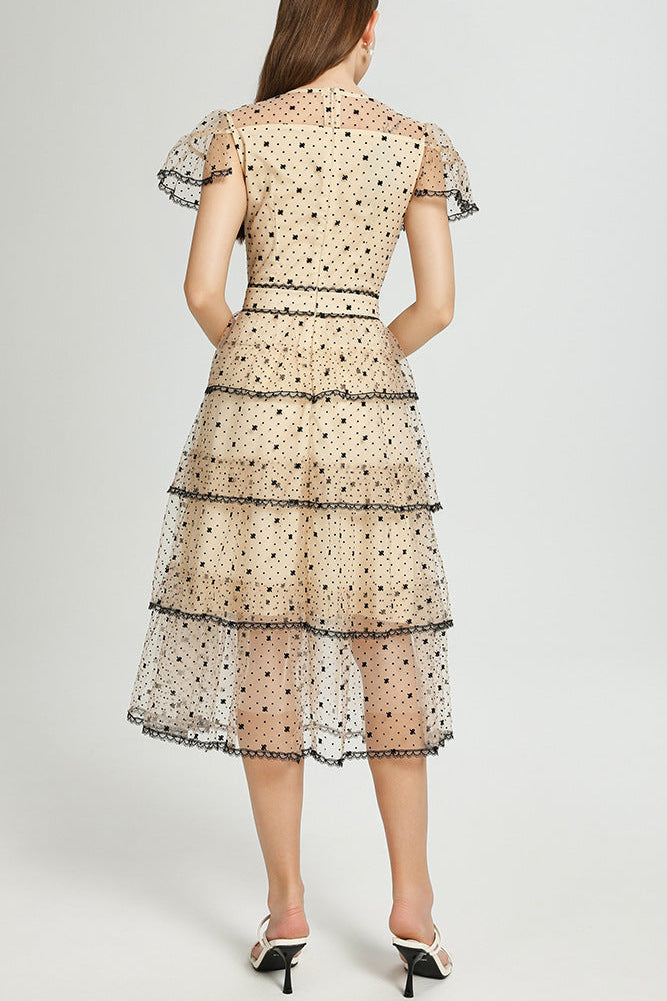 Floral Embroidery Mesh Midi Dress in Apricot