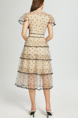 Floral Embroidery Mesh Midi Dress in Apricot