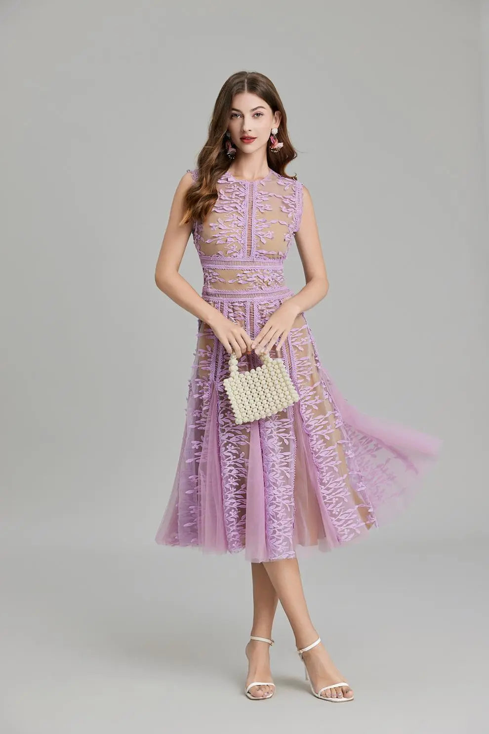3D Embroidered Lace Mesh Midi Dress in Purple