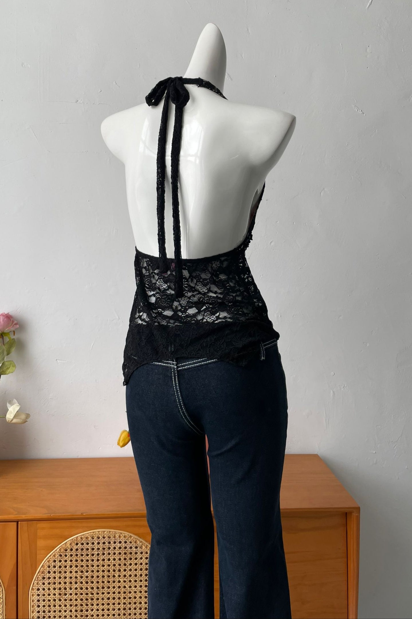 Backless Sheer Lace Halter Top in Black