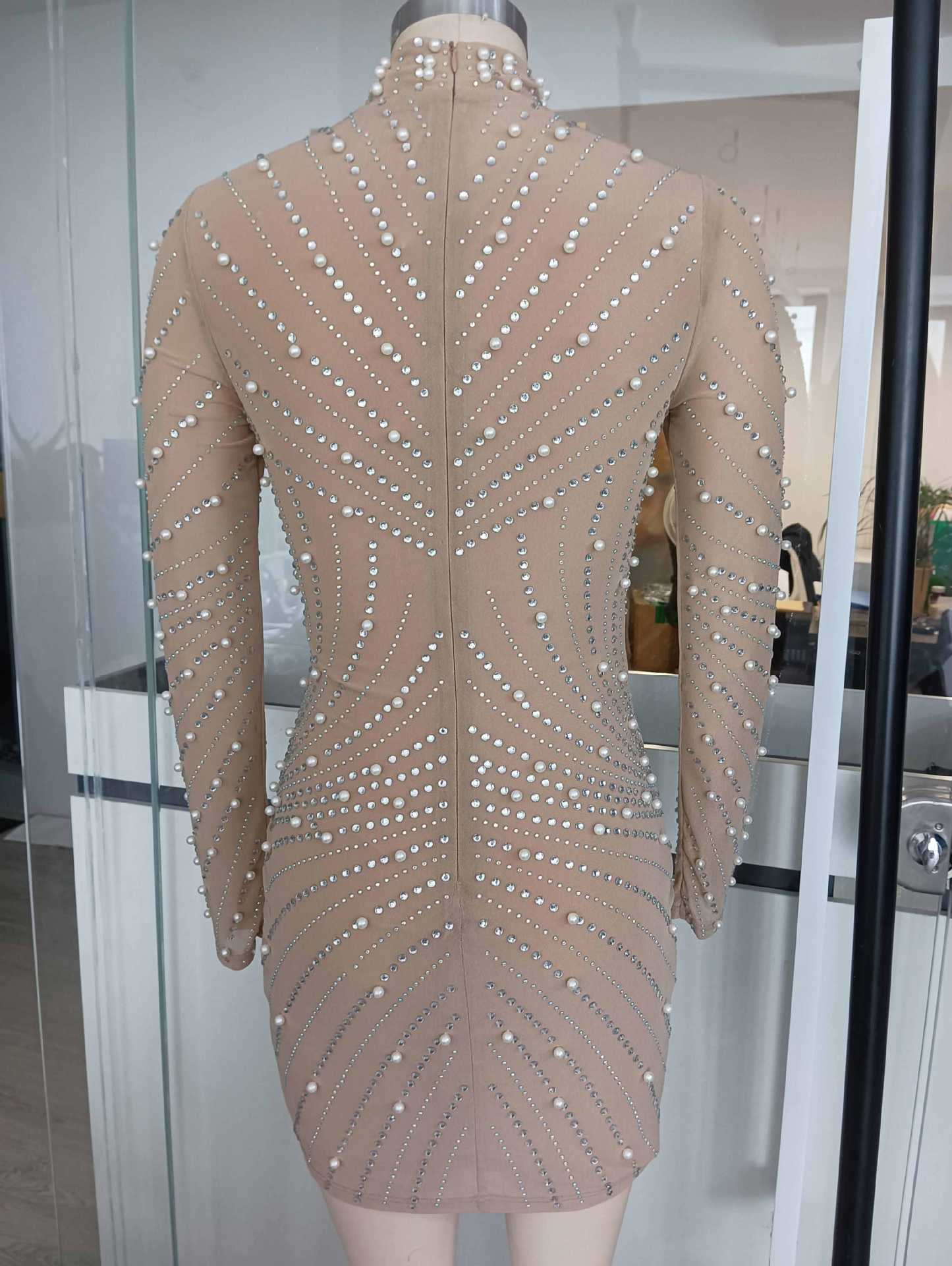 Rhinestone Mesh Hip-Wrap Mini Dress