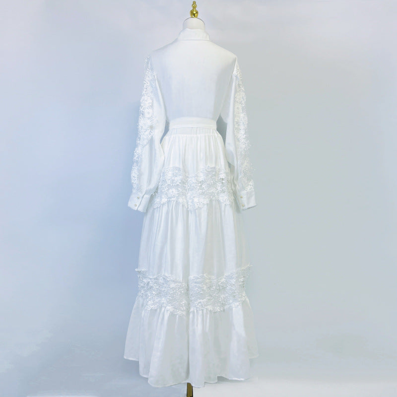 Splicing Flapped Lace Hollow Midi Dress in White